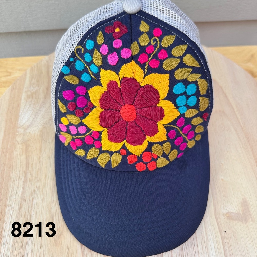 Floral Embroidered Trucker Hat Navy Blue Grey Mesh Snapback Mexican Folk Art